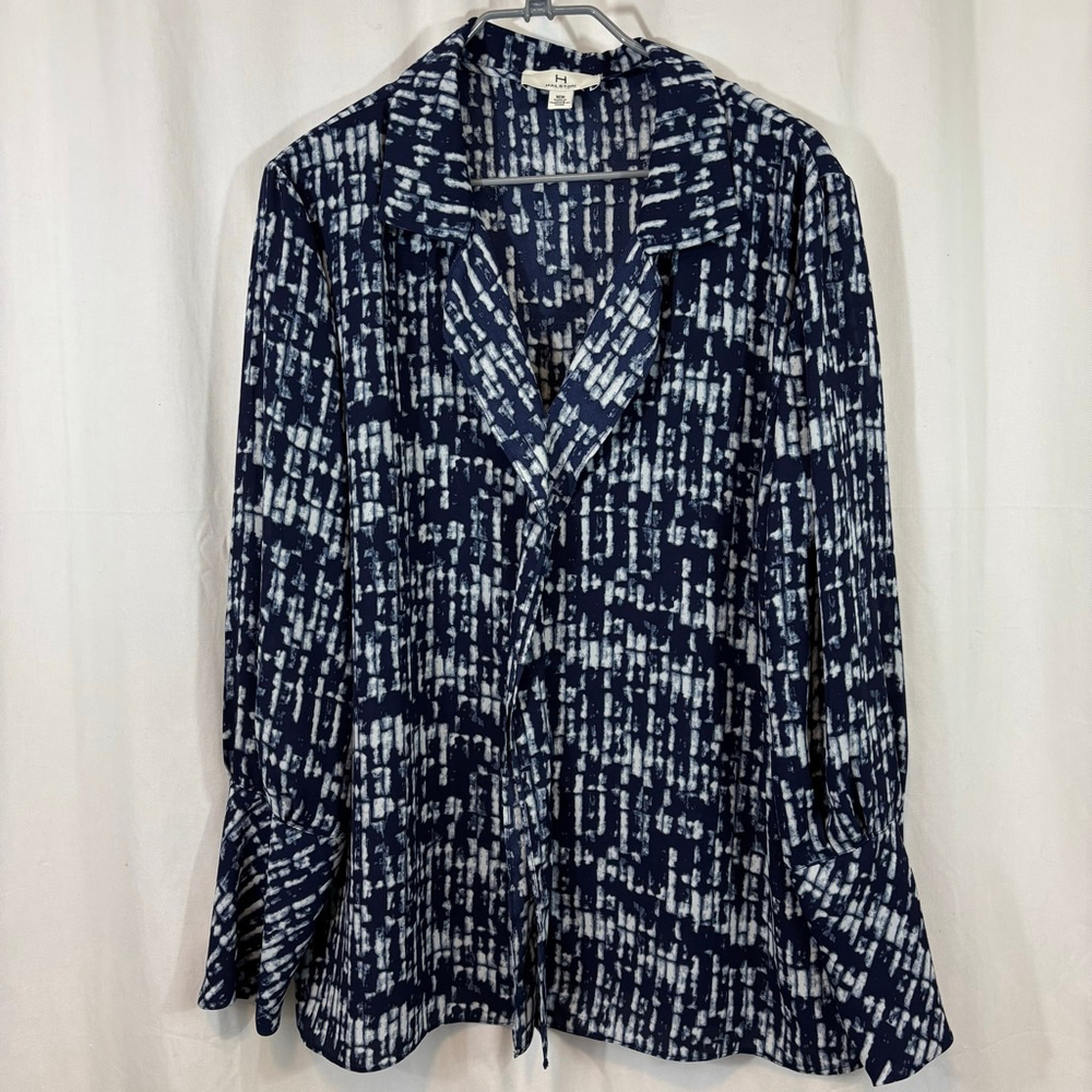 Women's H By HALSTON Navy Blue White Abstract Printed Blouse Size Medium